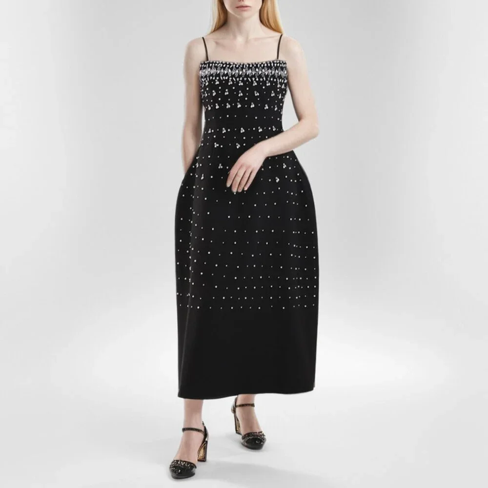Stunning Embellished Crystal Bodice Midi Dress/Black Gown - Picture 2 of 6